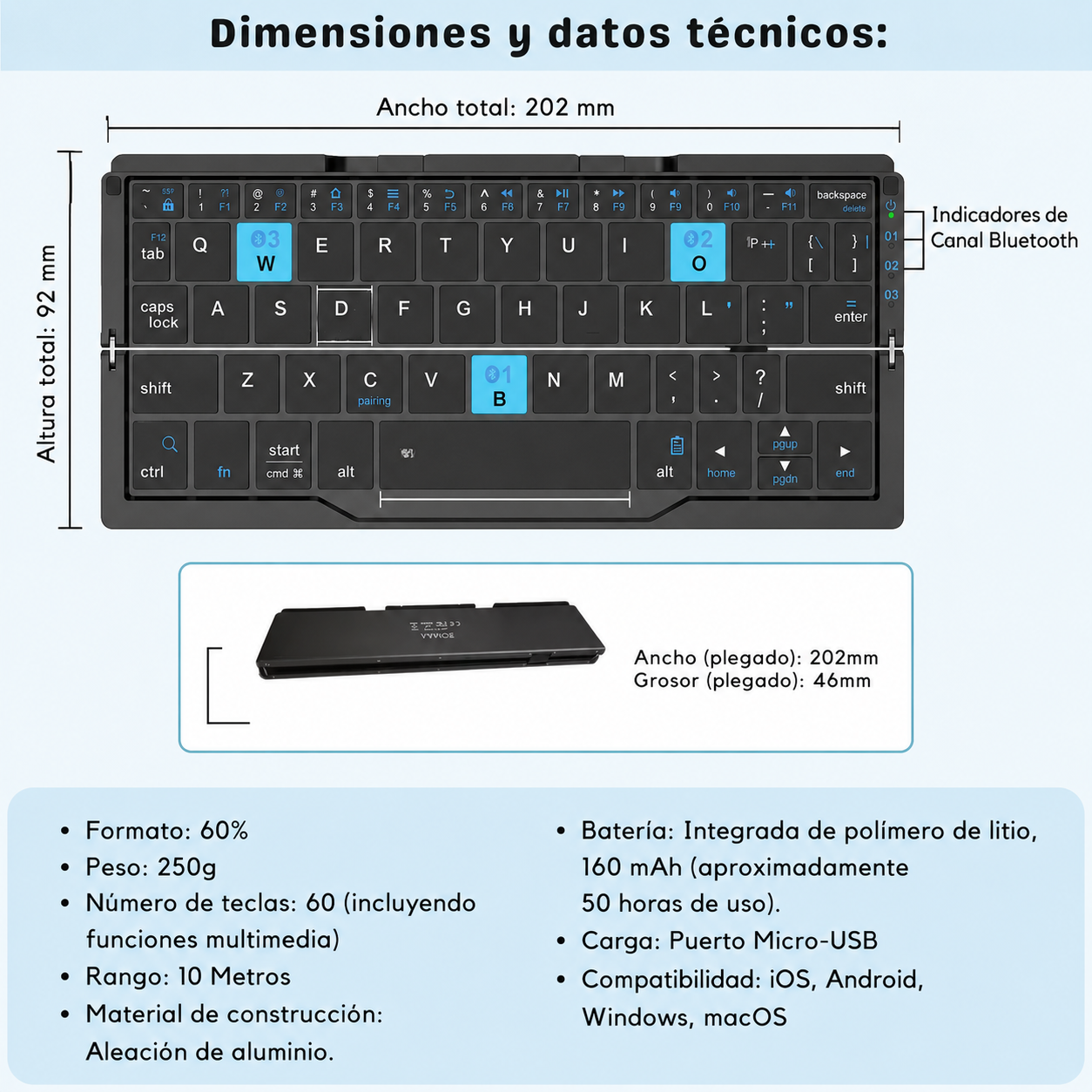 Mini Teclado plegable Bluetooth portátil